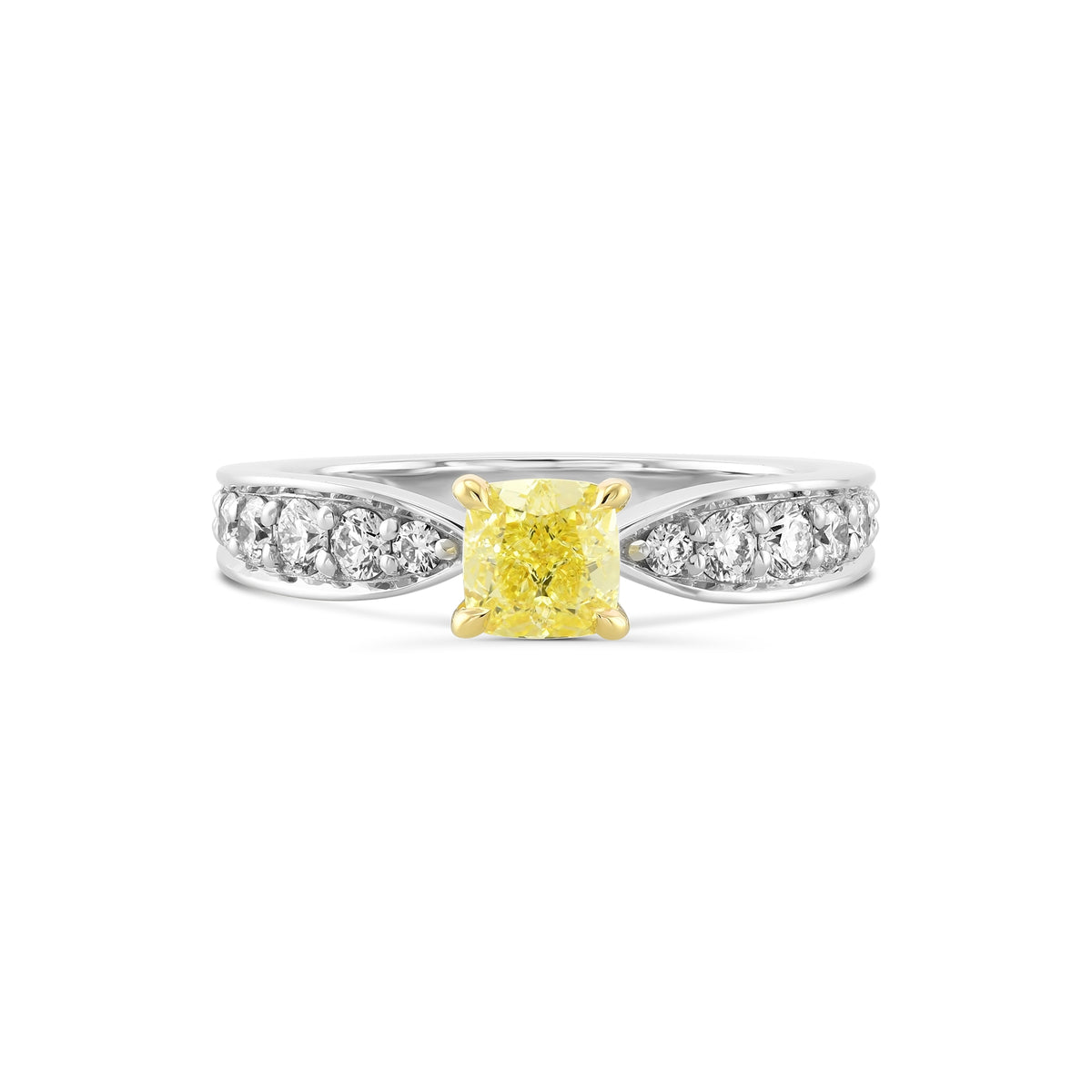 Fancy Yellow Cushion Diamond Side-stone Ring