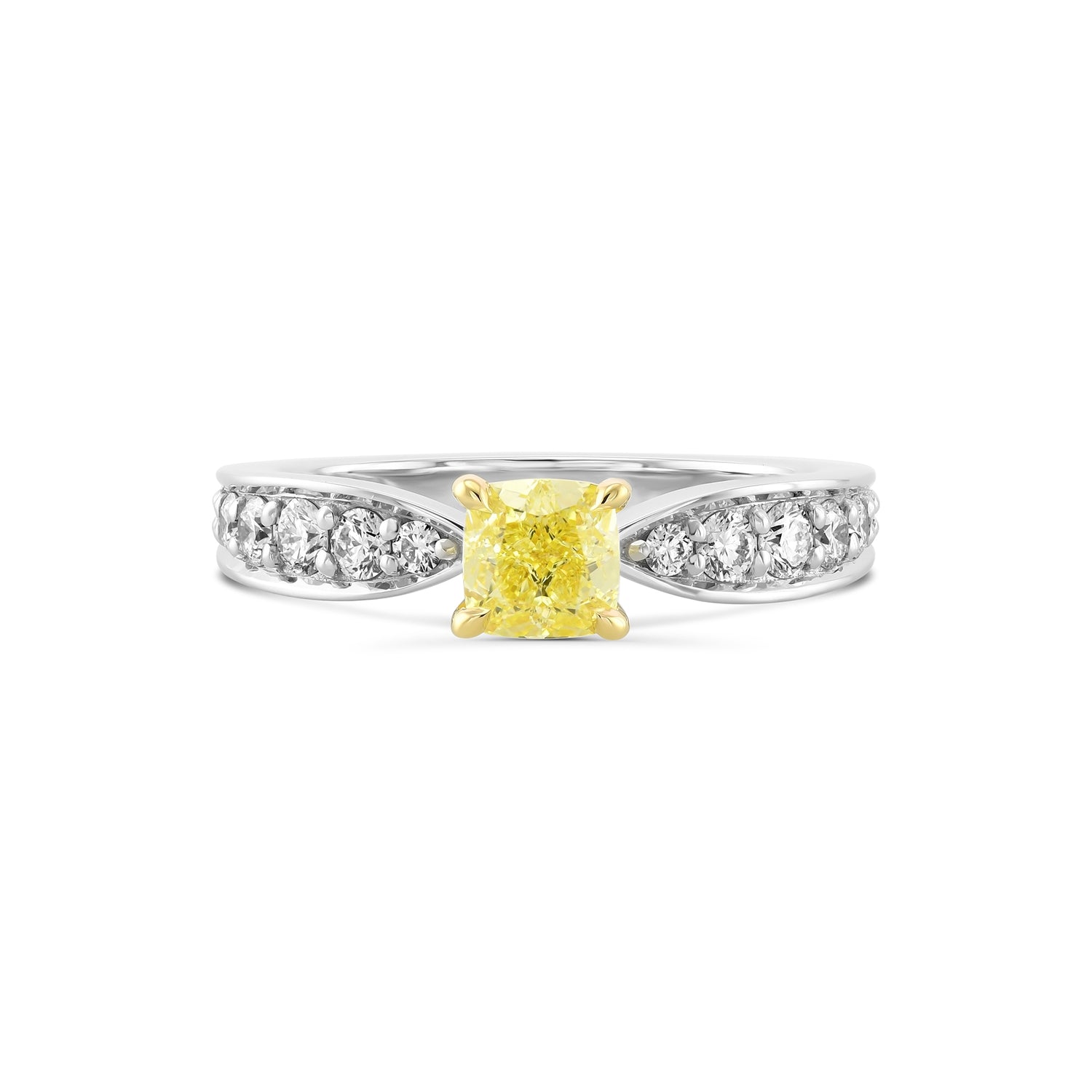 Fancy Yellow Cushion Diamond Side-stone Ring