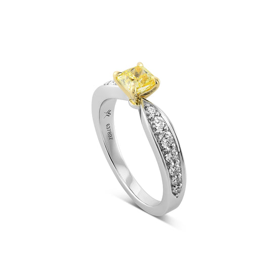 Fancy Yellow Cushion Diamond Side-stone Ring