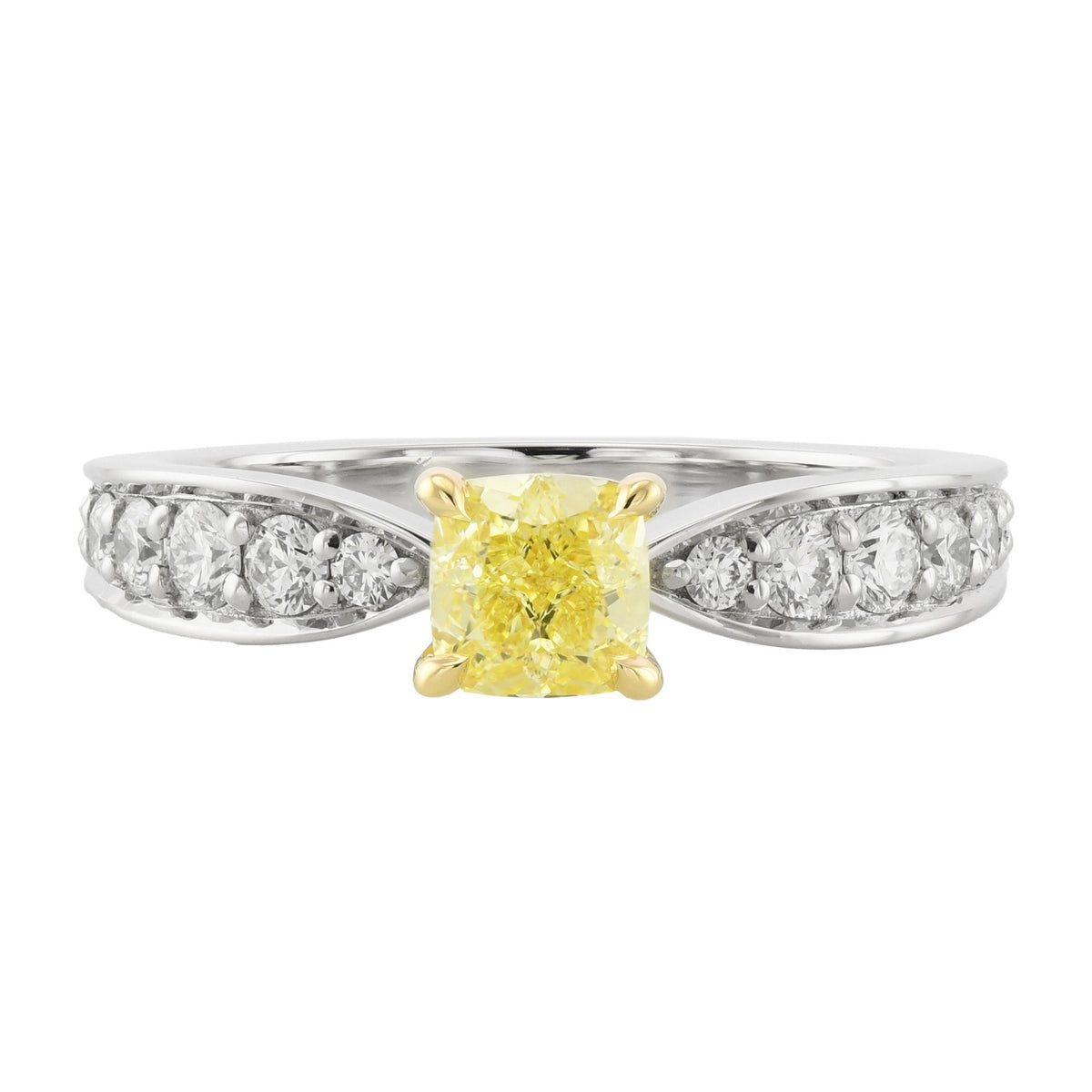 Fancy Yellow Cushion Diamond Side-stone Ring