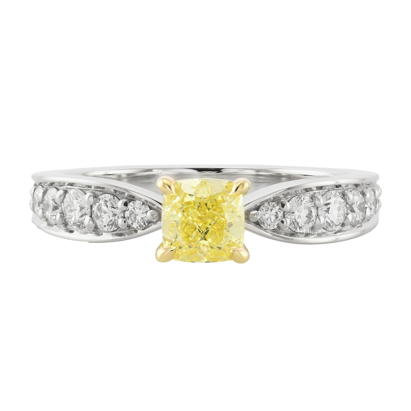 Fancy Yellow Cushion Diamond Side-stone Ring