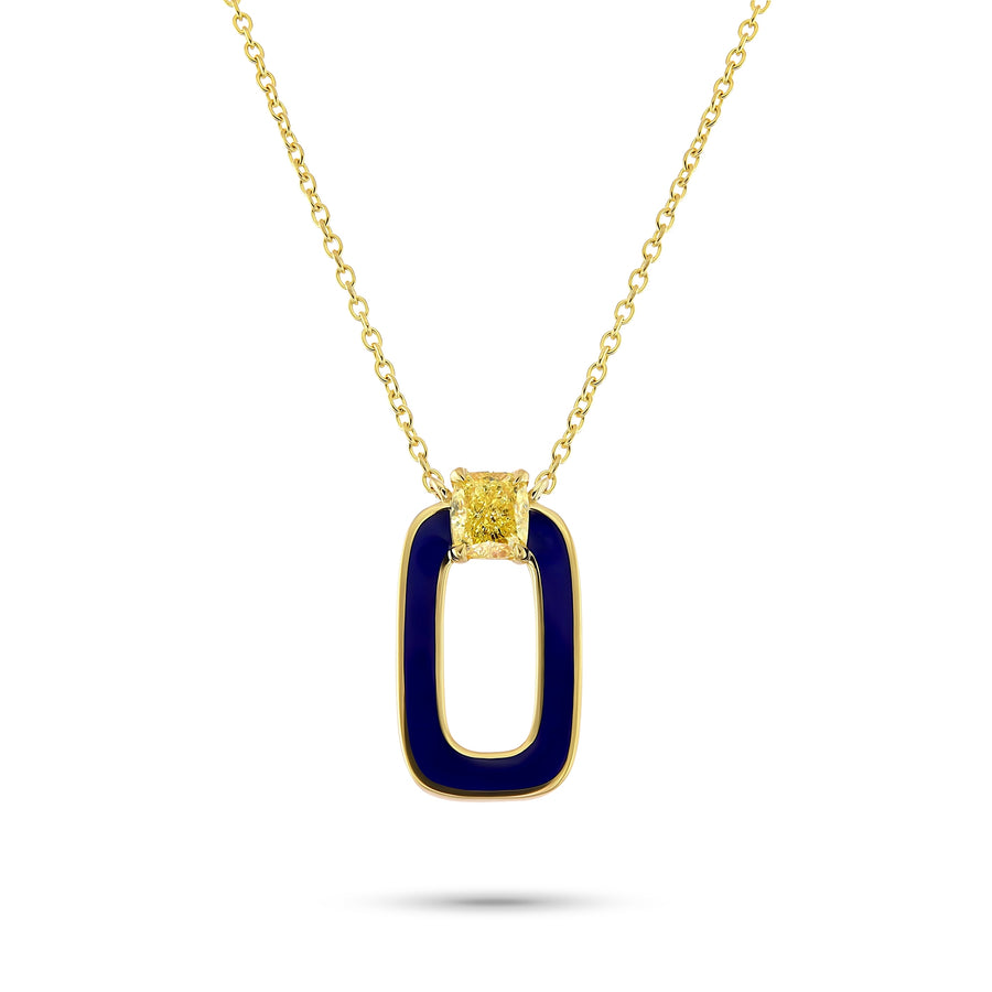 Fancy yellow cushion diamond and blue enamel pendant