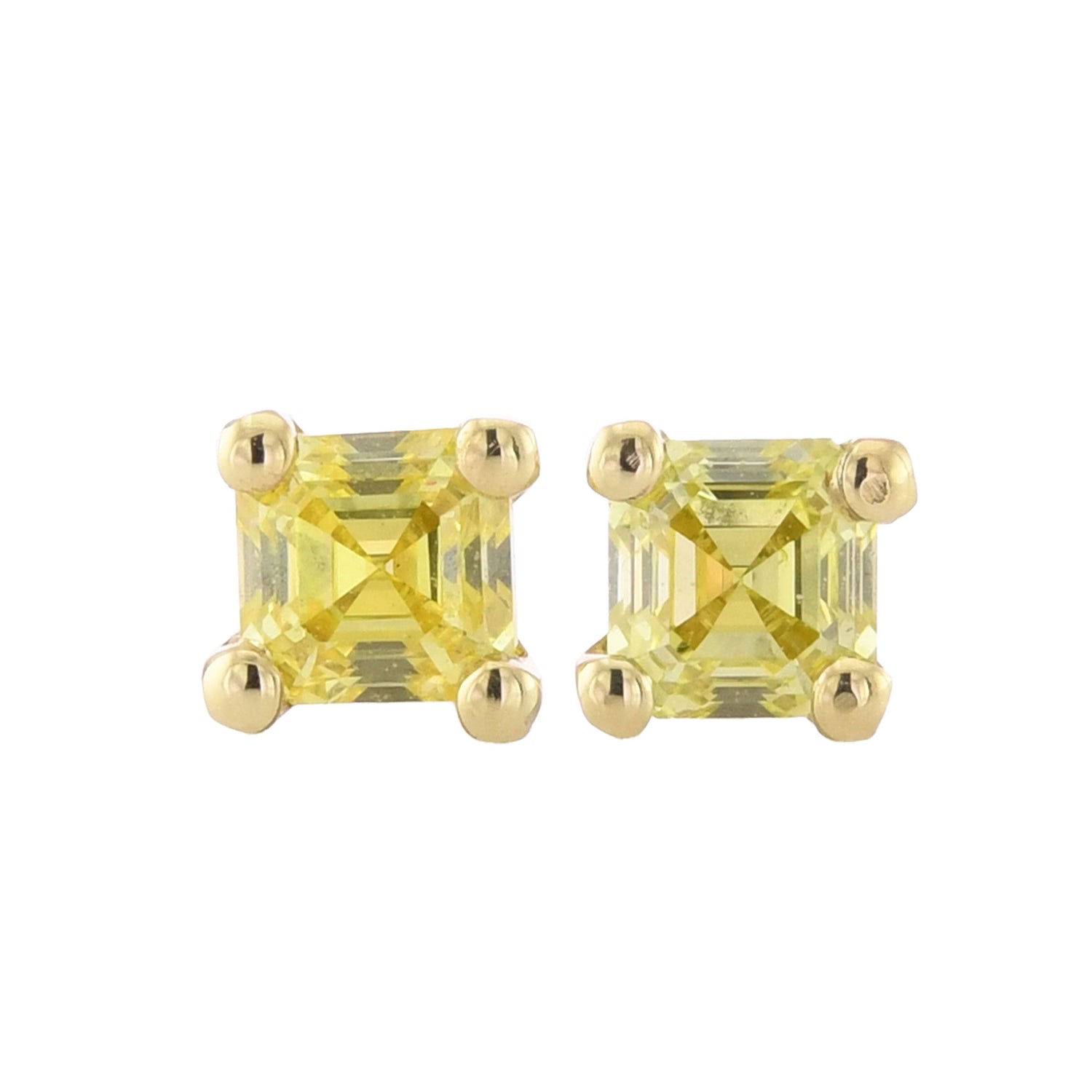 Fancy Intense Yellow Asscher Diamond Screw Back Four Prong Martini Stud Earring