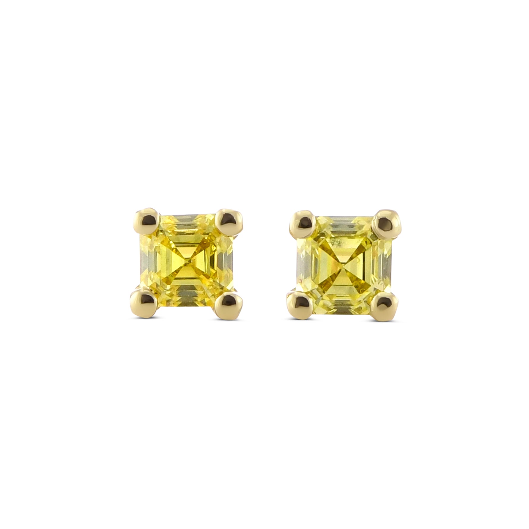 Fancy Intense Yellow Asscher Diamond Screw Back Four Prong Martini Stud Earring