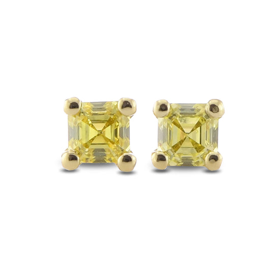 Fancy Intense Yellow Asscher Diamond Screw Back Four Prong Martini Stud Earring