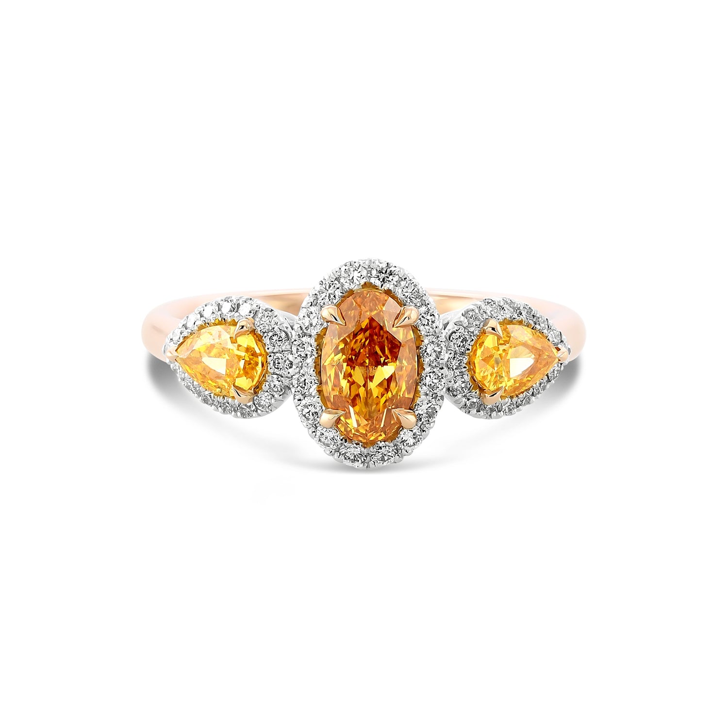 Fancy Vivid Yellowish Orange Three-stone Halo Diamond Ring