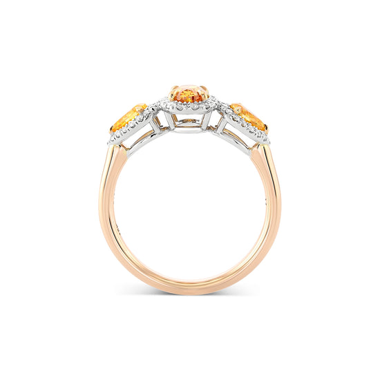 Fancy Vivid Yellowish Orange Three-stone Halo Diamond Ring