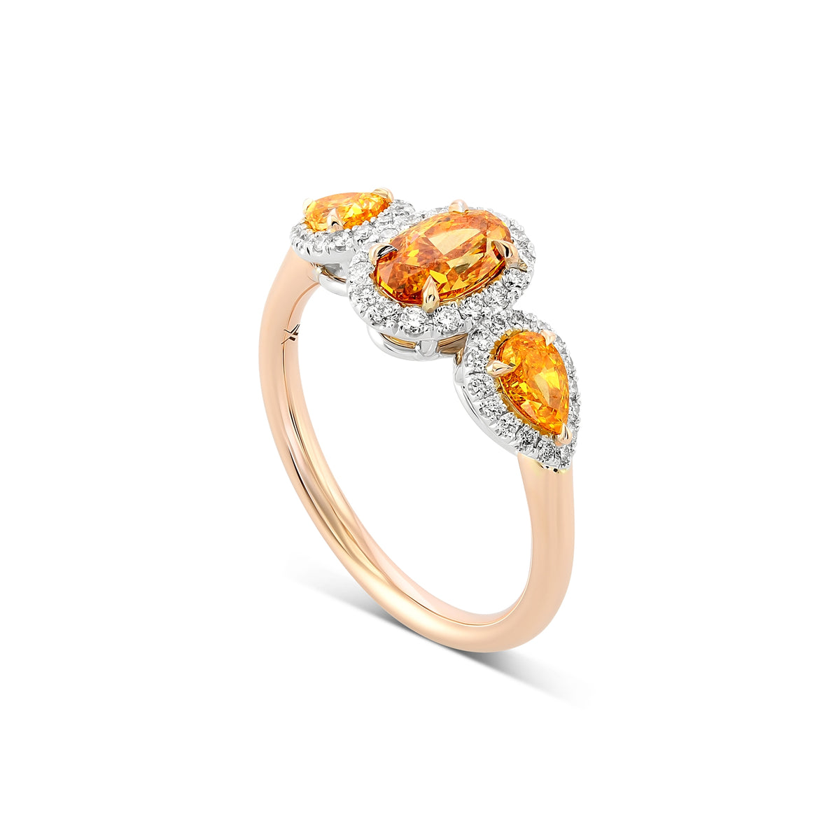 Fancy Vivid Yellowish Orange Three-stone Halo Diamond Ring