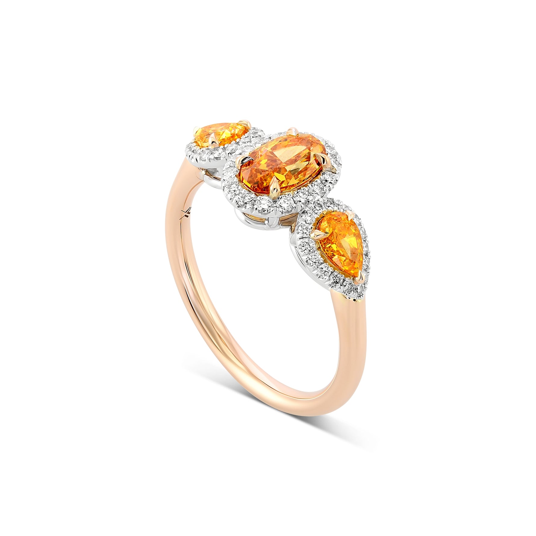 Fancy Vivid Yellowish Orange Three-stone Halo Diamond Ring