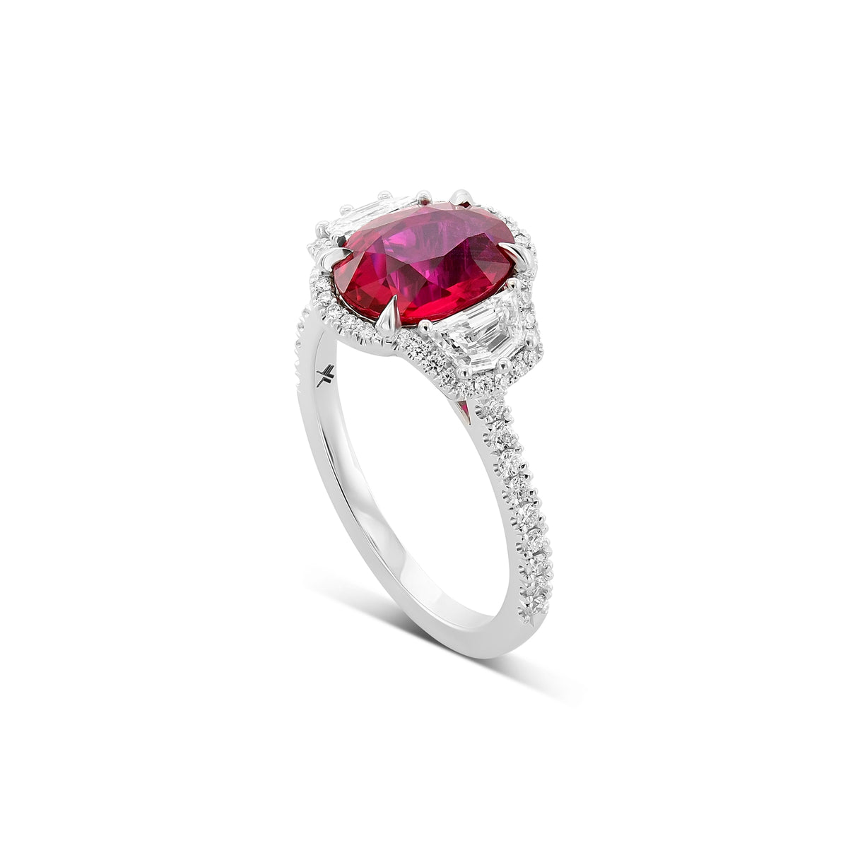 Oval Ruby Three-stone Halo Ring