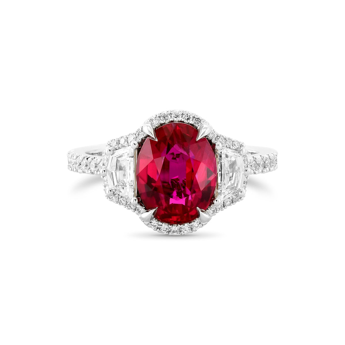 Oval Ruby Three-stone Halo Ring