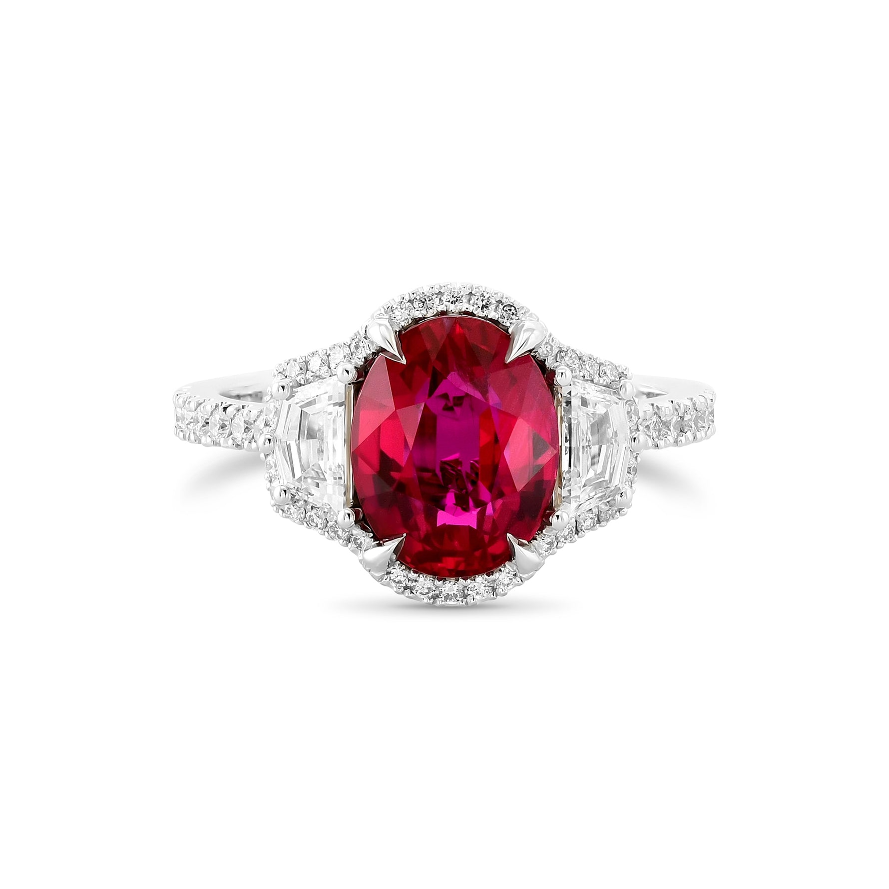 Oval Ruby Three-stone Halo Ring