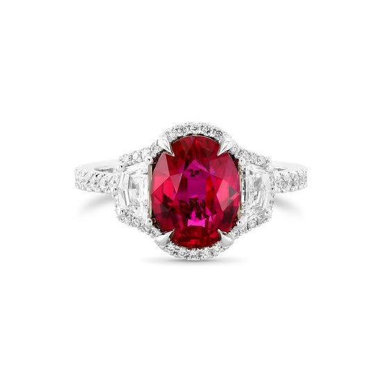 Oval Ruby Three-stone Halo Ring