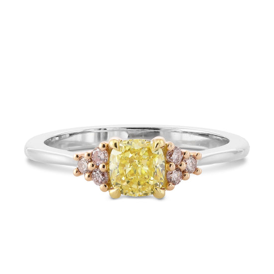 Fancy Intense Yellow Cushion & Pink Diamond Side Stone Ring