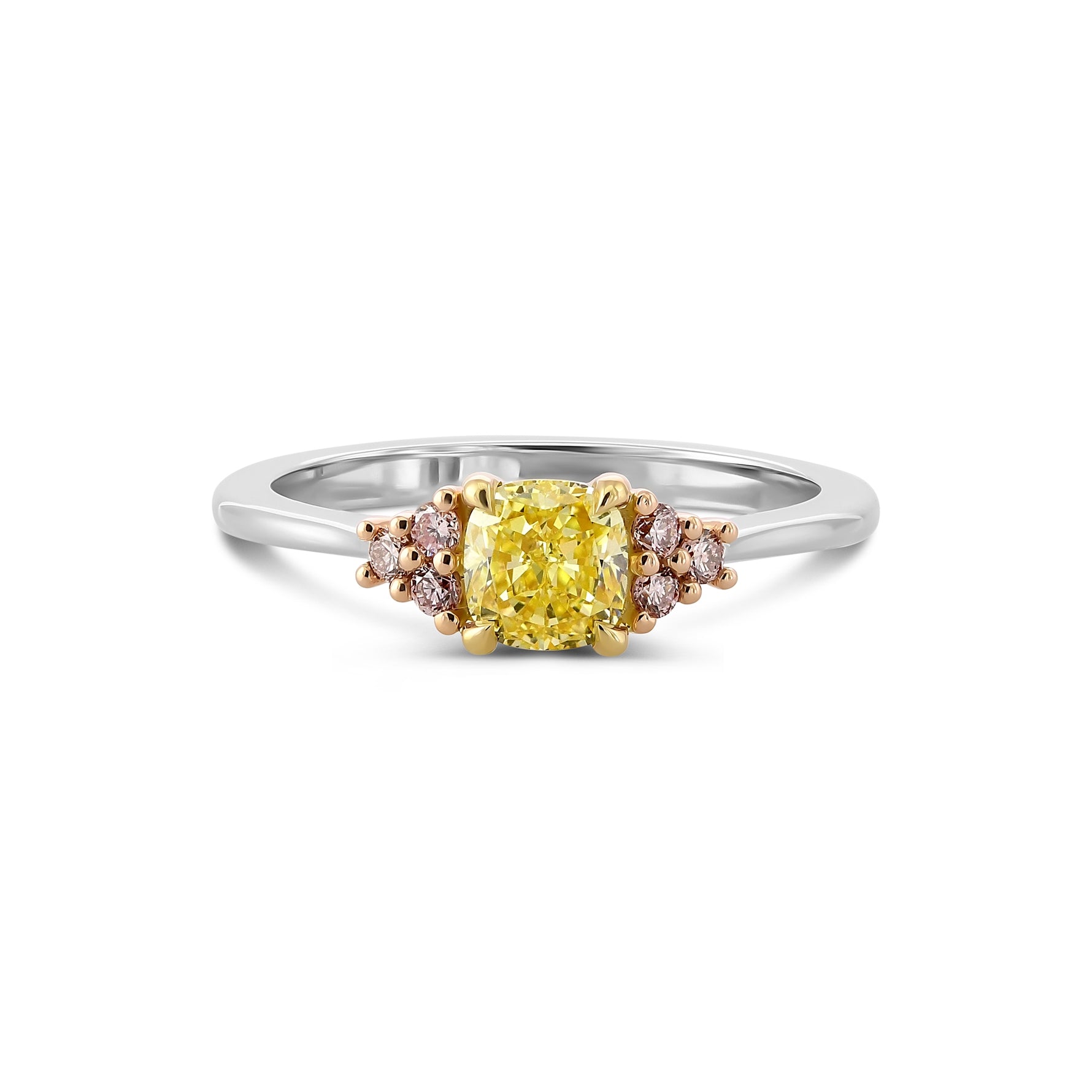 Fancy Intense Yellow Cushion & Pink Diamond Side Stone Ring