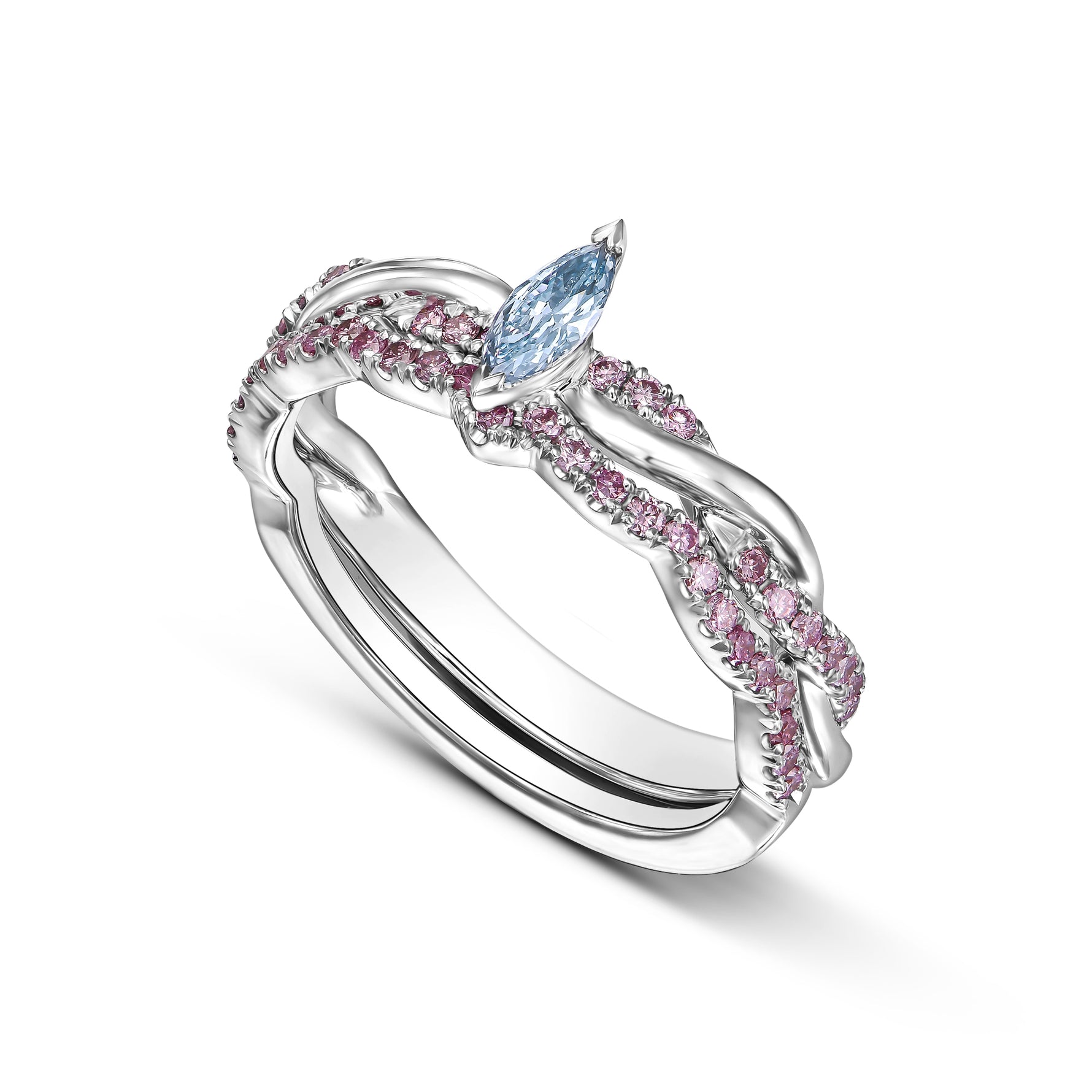 Fancy Blue Marquise & Pink Diamond Engagement & Wedding Ring Set