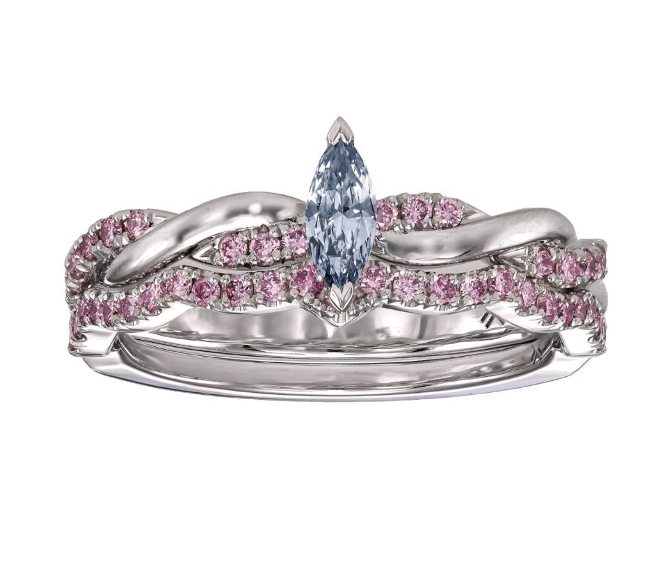 Fancy Blue Marquise & Pink Diamond Engagement & Wedding Ring Set