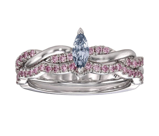 Fancy Blue Marquise & Pink Diamond Engagement & Wedding Ring Set