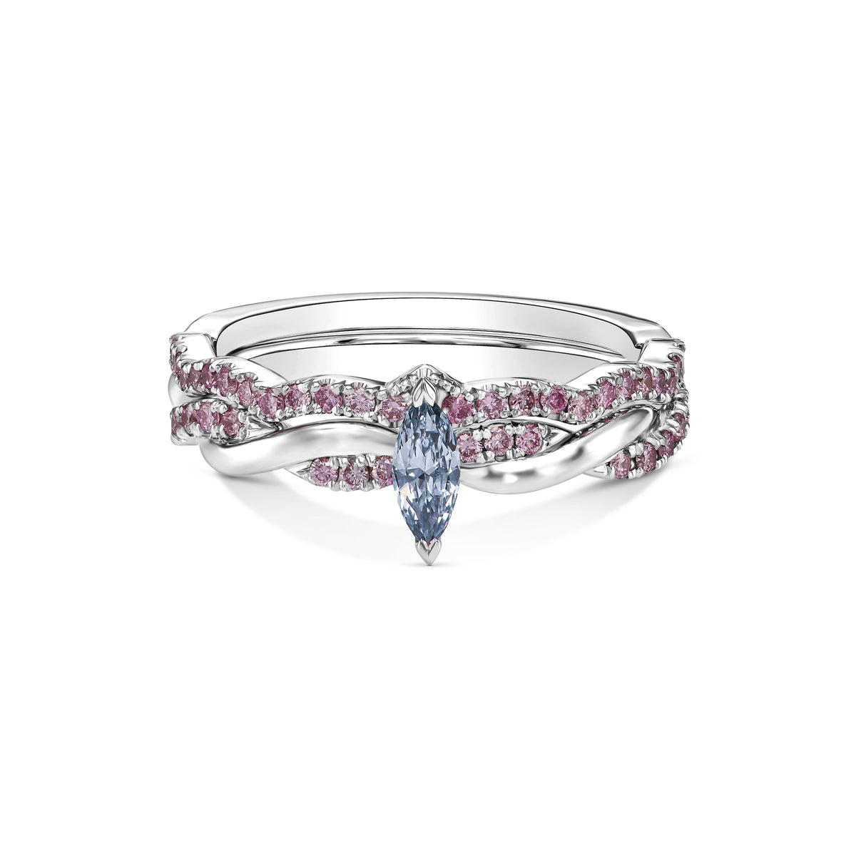 Fancy Blue Marquise & Pink Diamond Engagement & Wedding Ring Set