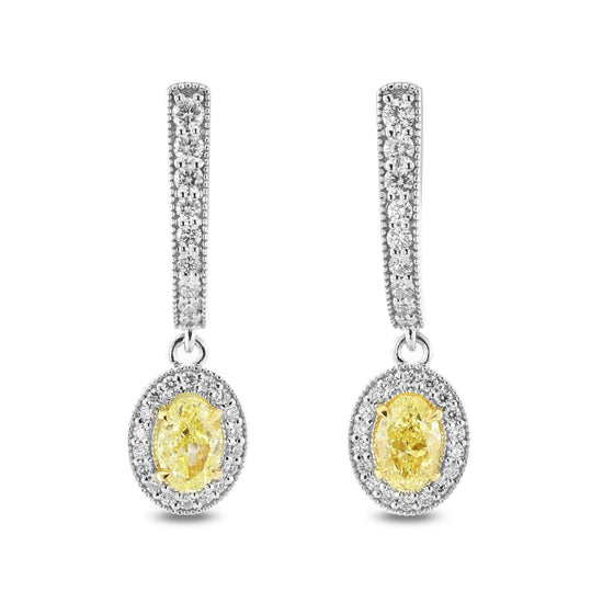 Fancy Yellow Oval Diamond Drop Halo Earrings