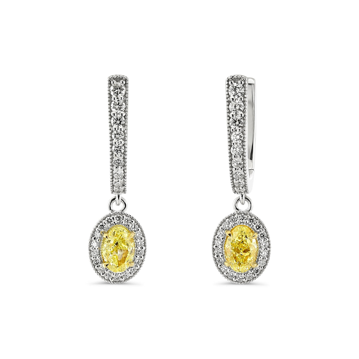 Fancy Yellow Oval Diamond Drop Halo Earrings
