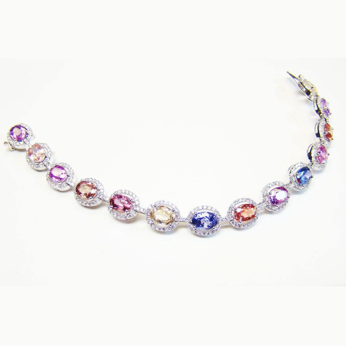 Multicolor Sapphire Oval Shape and Diamond Halo Bracelet