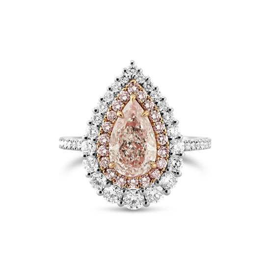 Birnenförmiger Diamantring in Hellrosa-Braun mit doppeltem Heiligenschein