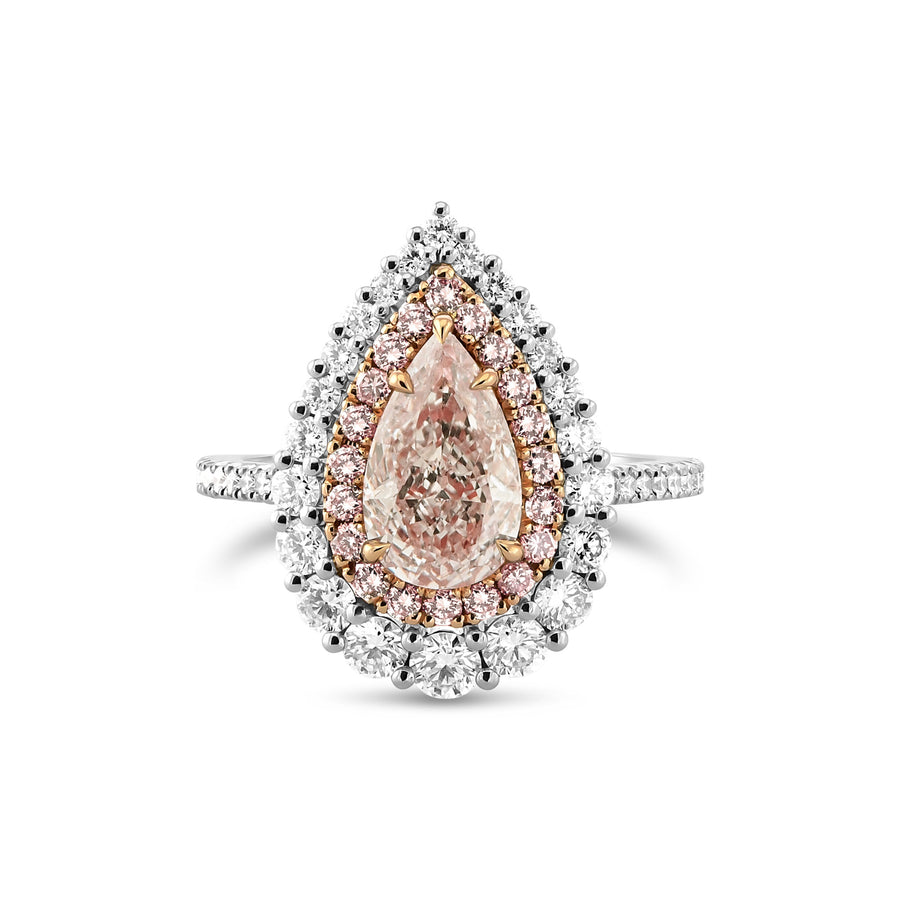 Light Pinkish Brown Pear Diamond Double Halo Ring