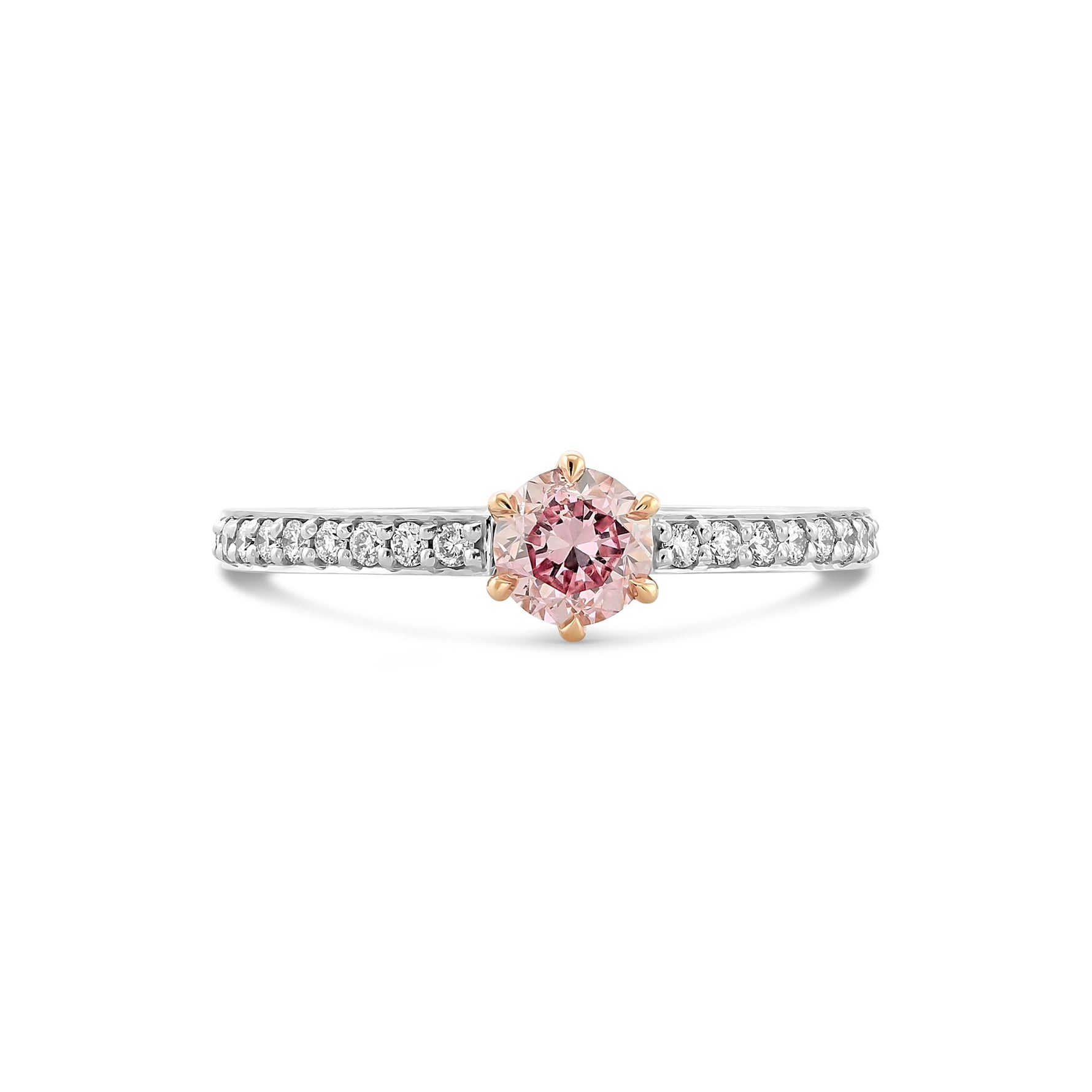 Round Fancy Intense Purplish Pink Six Prong Side Stone Diamond Ring