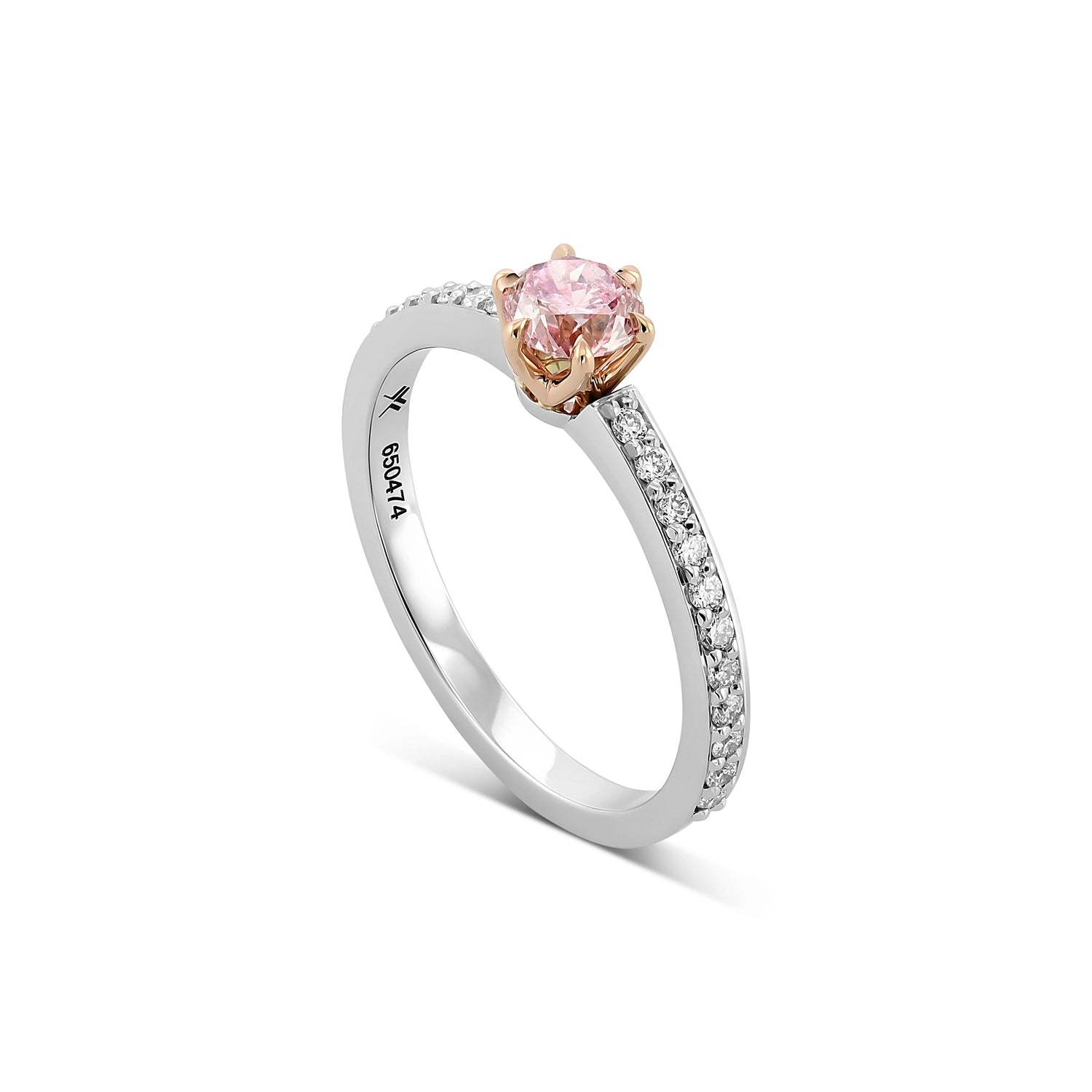 Round Fancy Intense Purplish Pink Six Prong Side Stone Diamond Ring