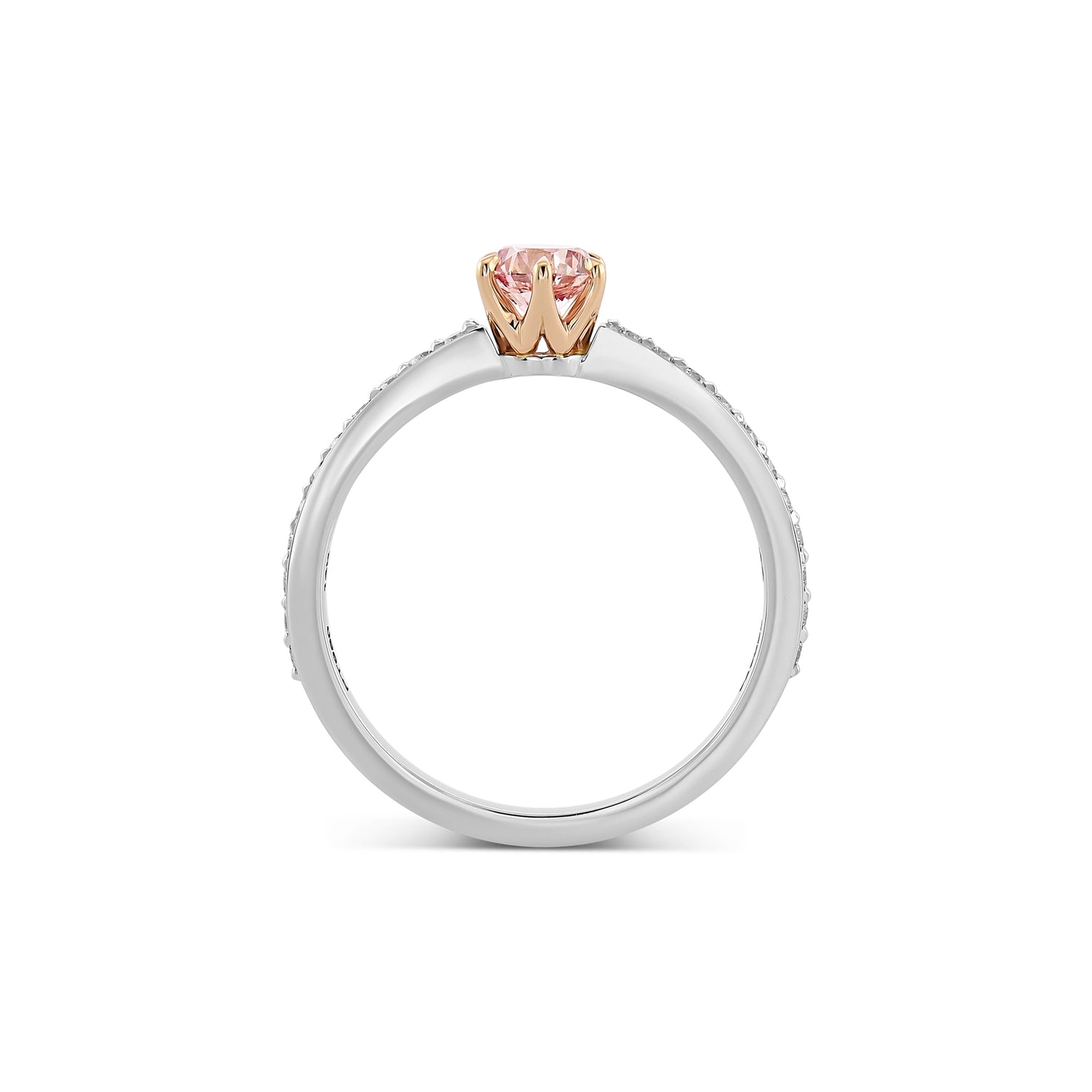 Round Fancy Intense Purplish Pink Six Prong Side Stone Diamond Ring