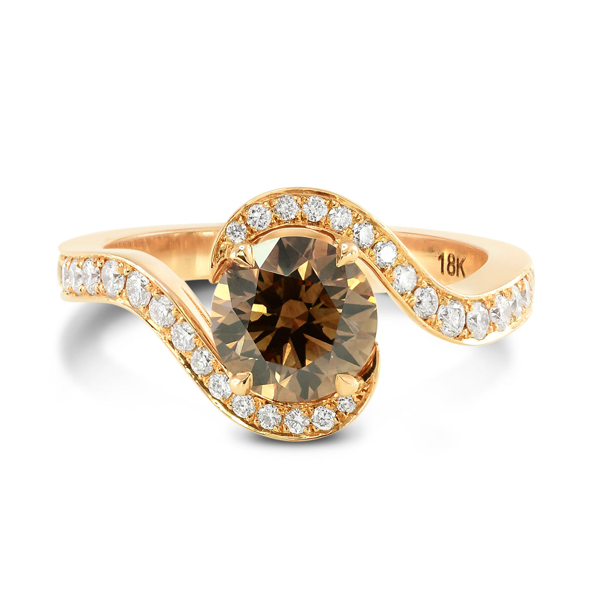 Fancy Dark Orangy Brown Round Cross-Over Brilliant Diamond Ring 