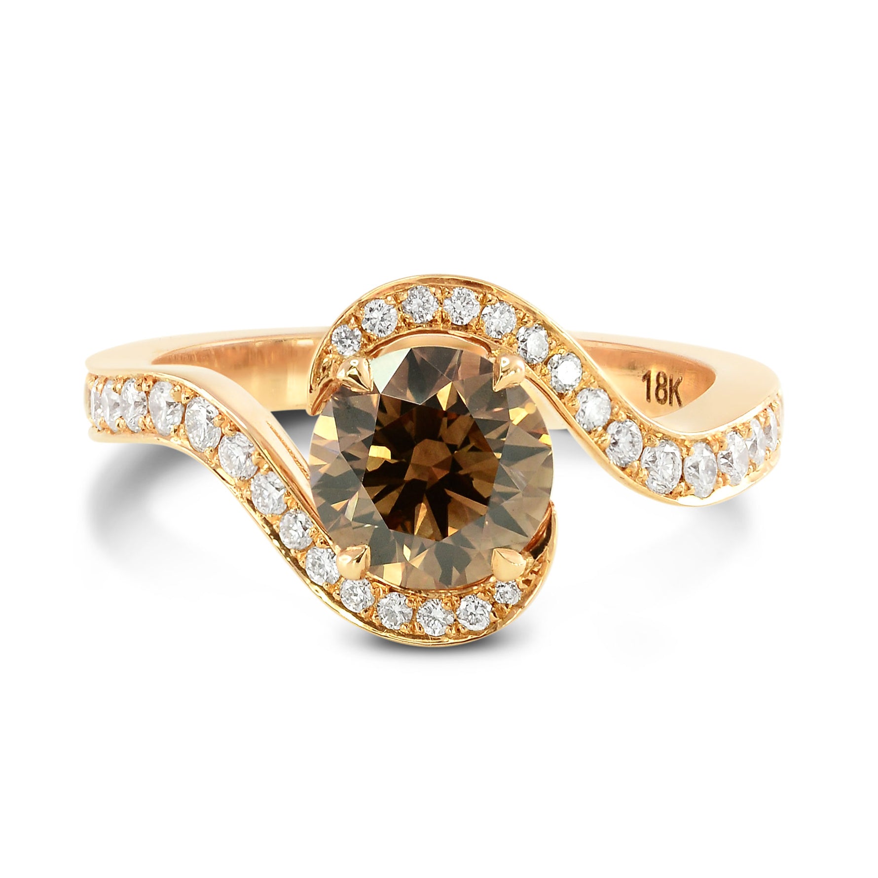 Fancy Dark Orangy Brown Round Cross-Over Brilliant Diamond Ring 