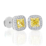 1.08ct GIA Fancy Yellow Radiant Diamond Halo Earrings set in 18K Gold.