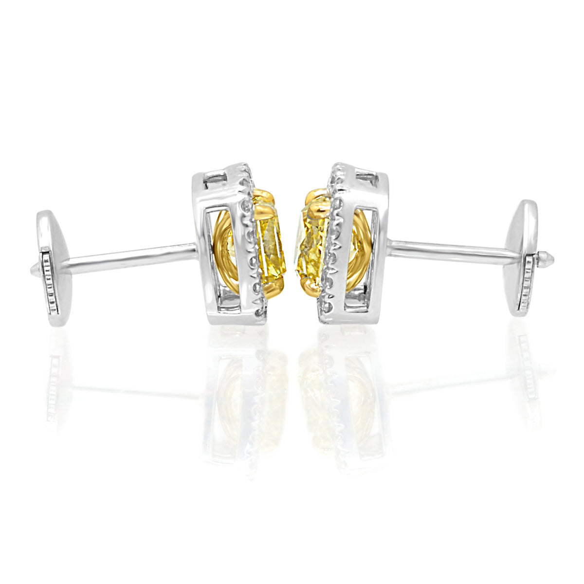 1.08ct GIA Fancy Yellow Radiant Diamond Halo Earrings set in 18K Gold.