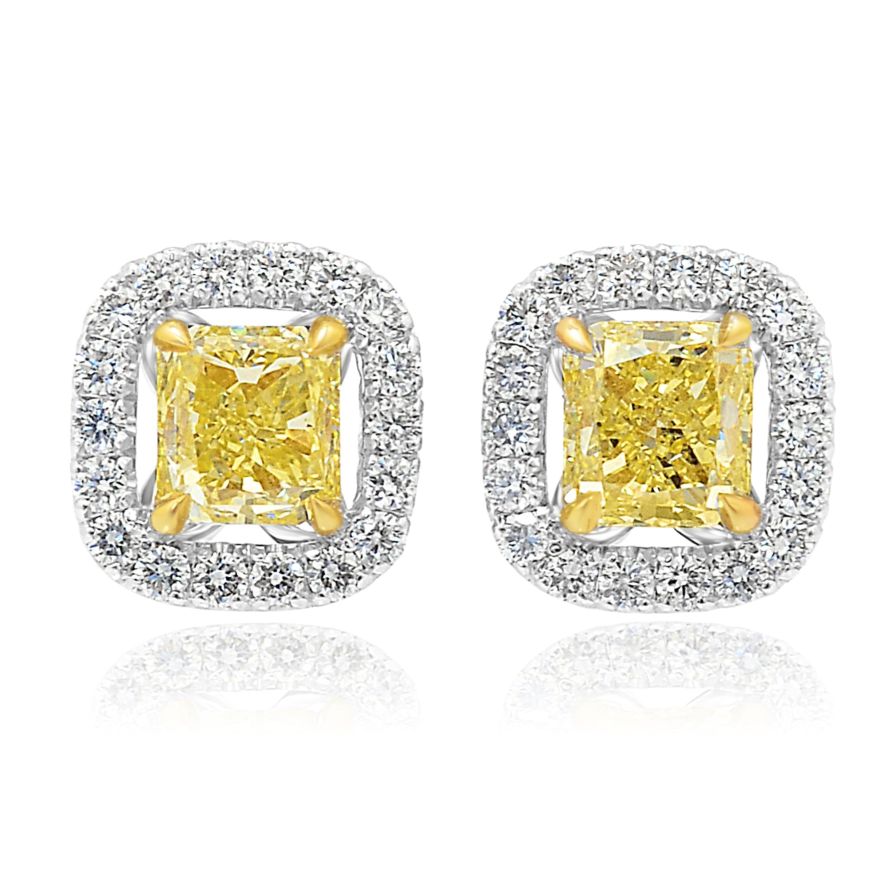 1.08ct GIA Fancy Yellow Radiant Diamond Halo Earrings set in 18K Gold.