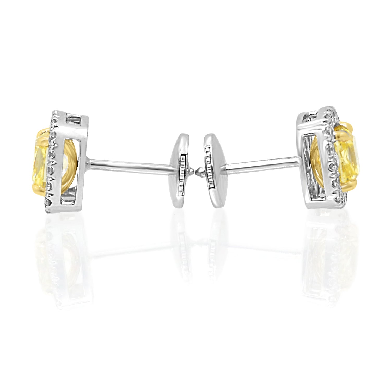 1.08ct GIA Fancy Yellow Radiant Diamond Halo Earrings set in 18K Gold.