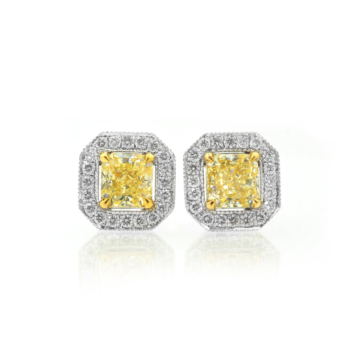 Light Yellow Radiant Diamond Halo Earrings 