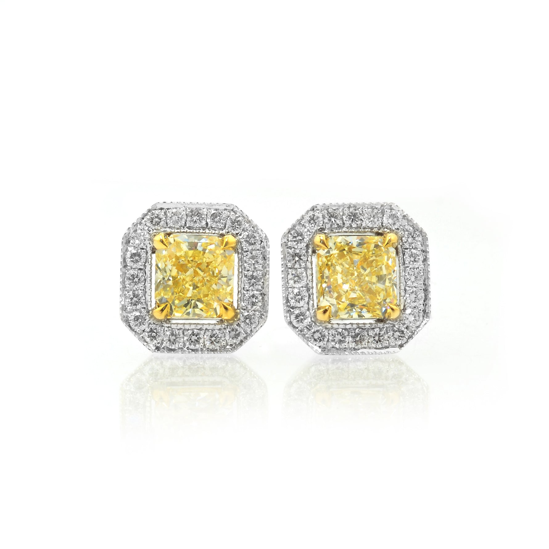 Light Yellow Radiant Diamond Halo Earrings 