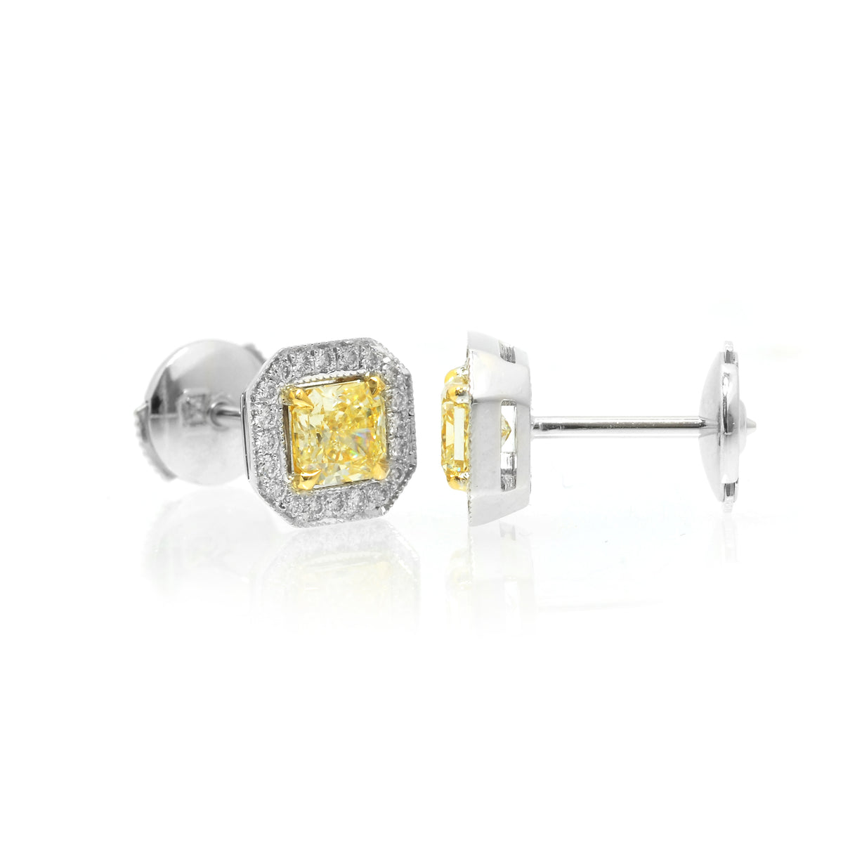 Light Yellow Radiant Diamond Halo Earrings 
