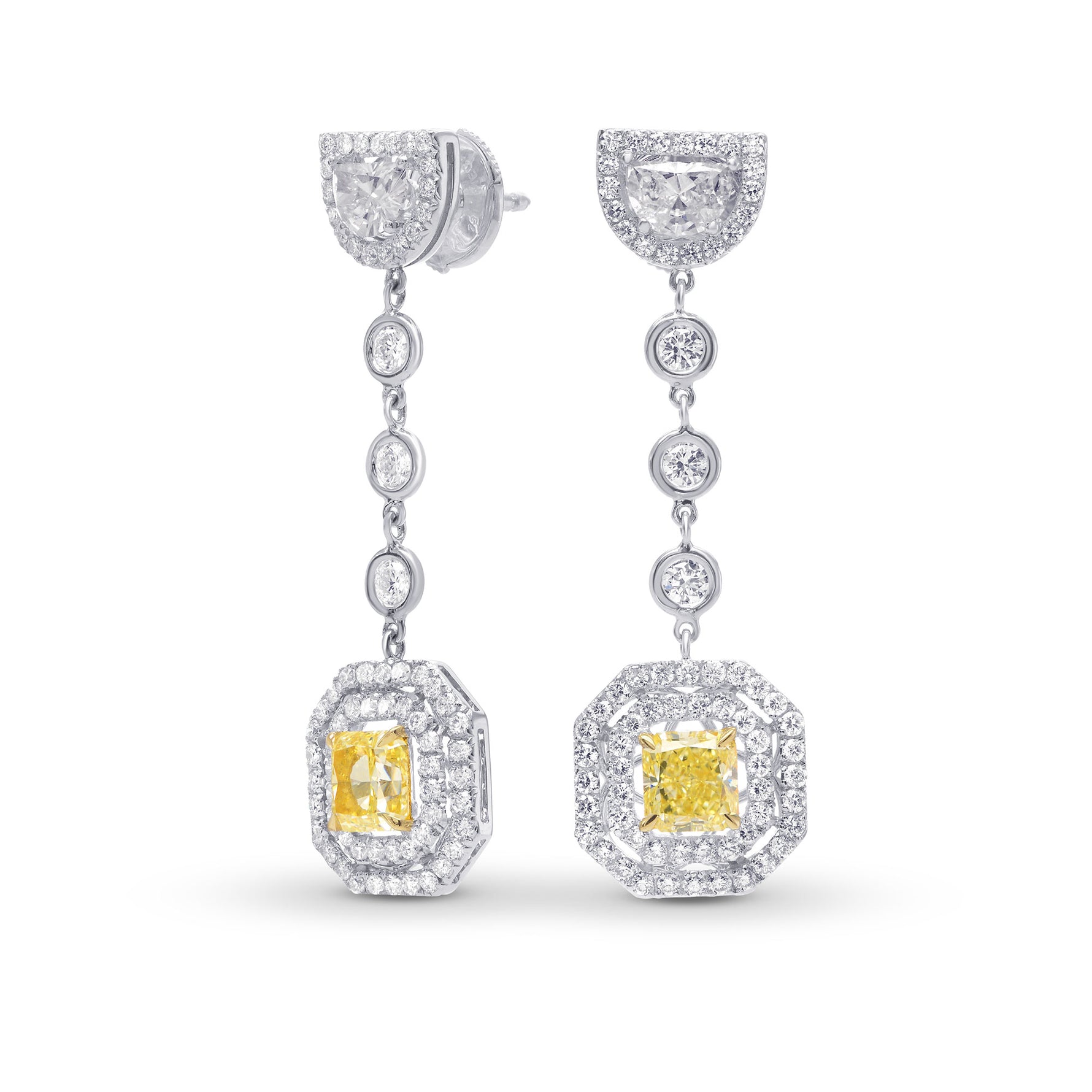 Fancy Light Yellow Radiant and Half-moon drop couture earrings