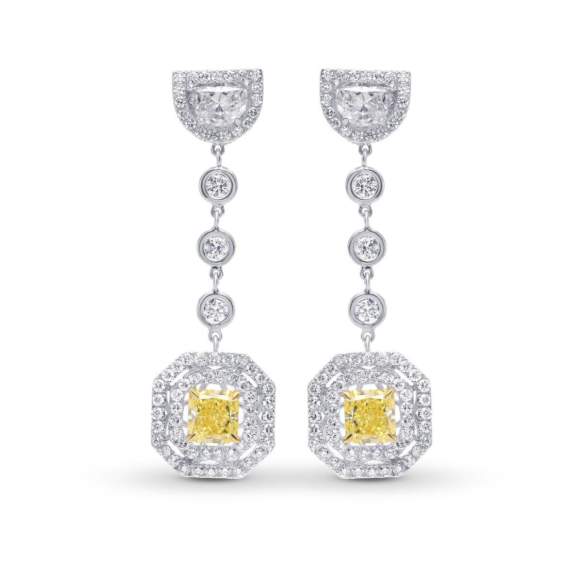 Fancy Light Yellow Radiant and Half-moon drop couture earrings