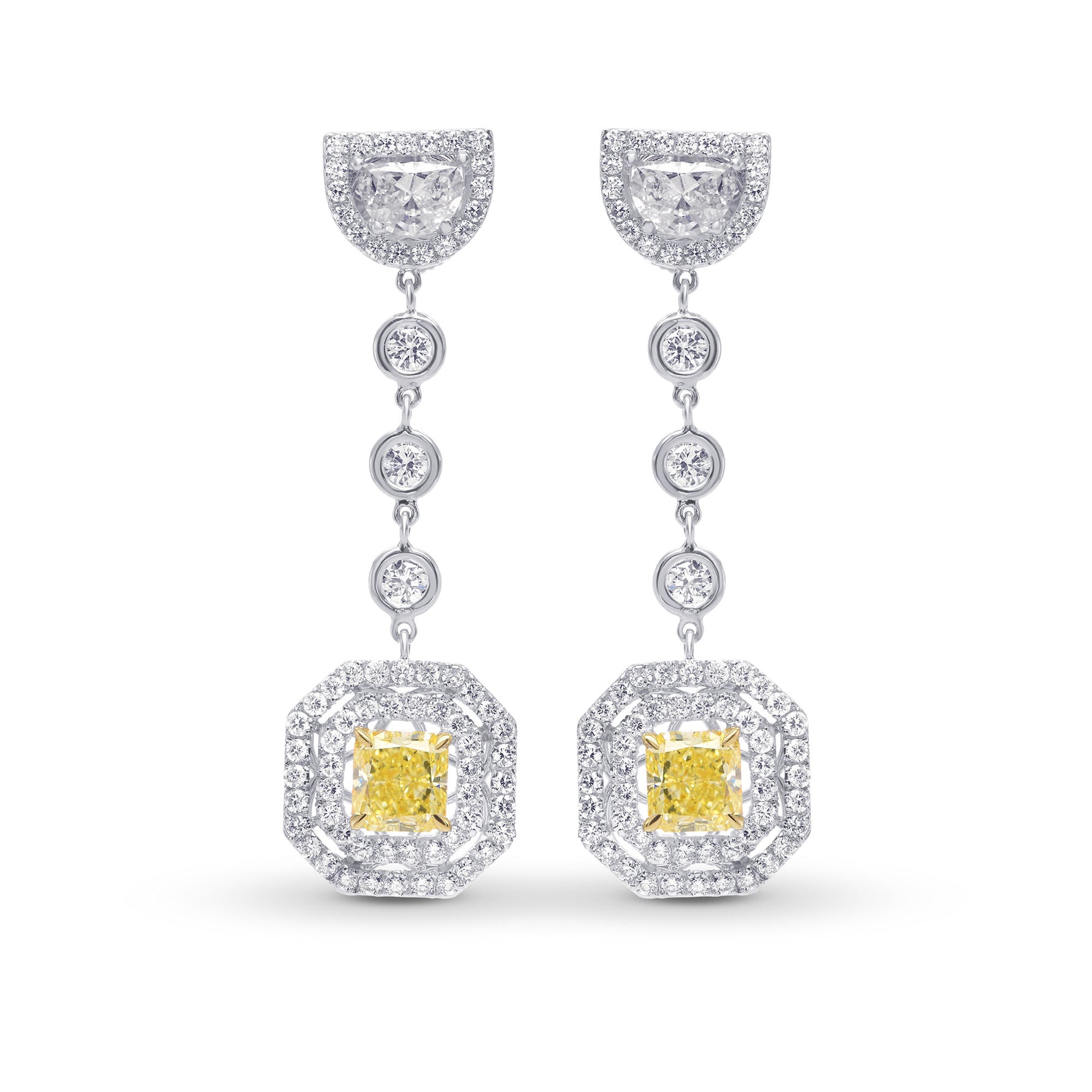Fancy Light Yellow Radiant and Half-moon drop couture earrings