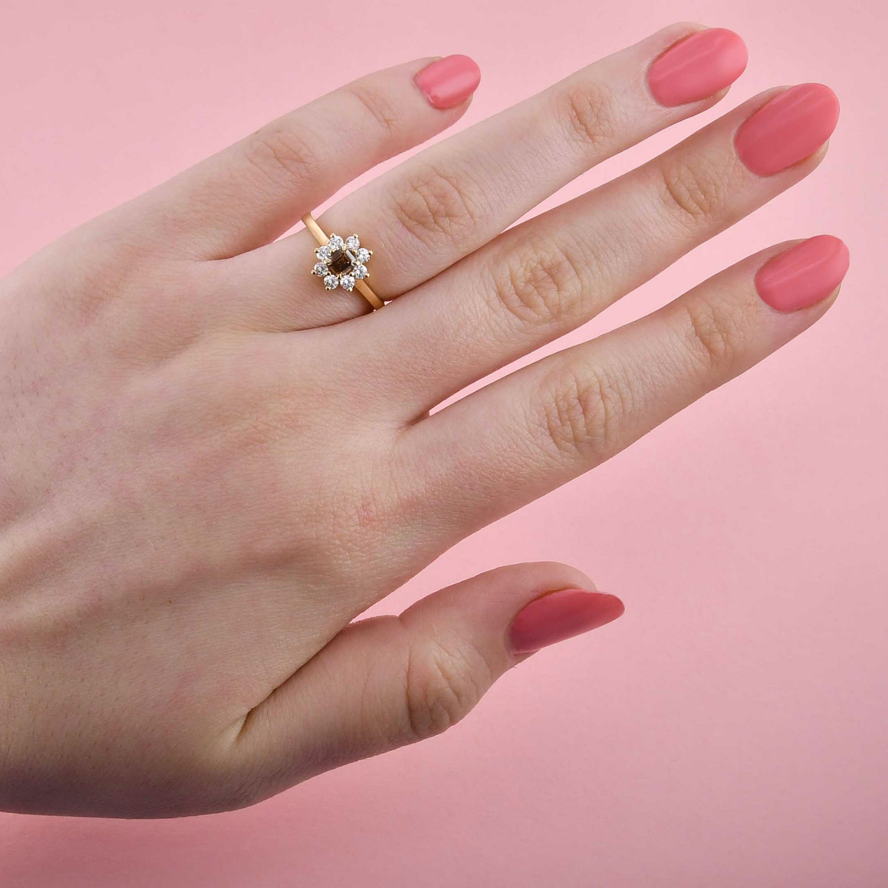 Fancy Dark Orange Brown Emerald and White Brilliant Diamond Dress Ring