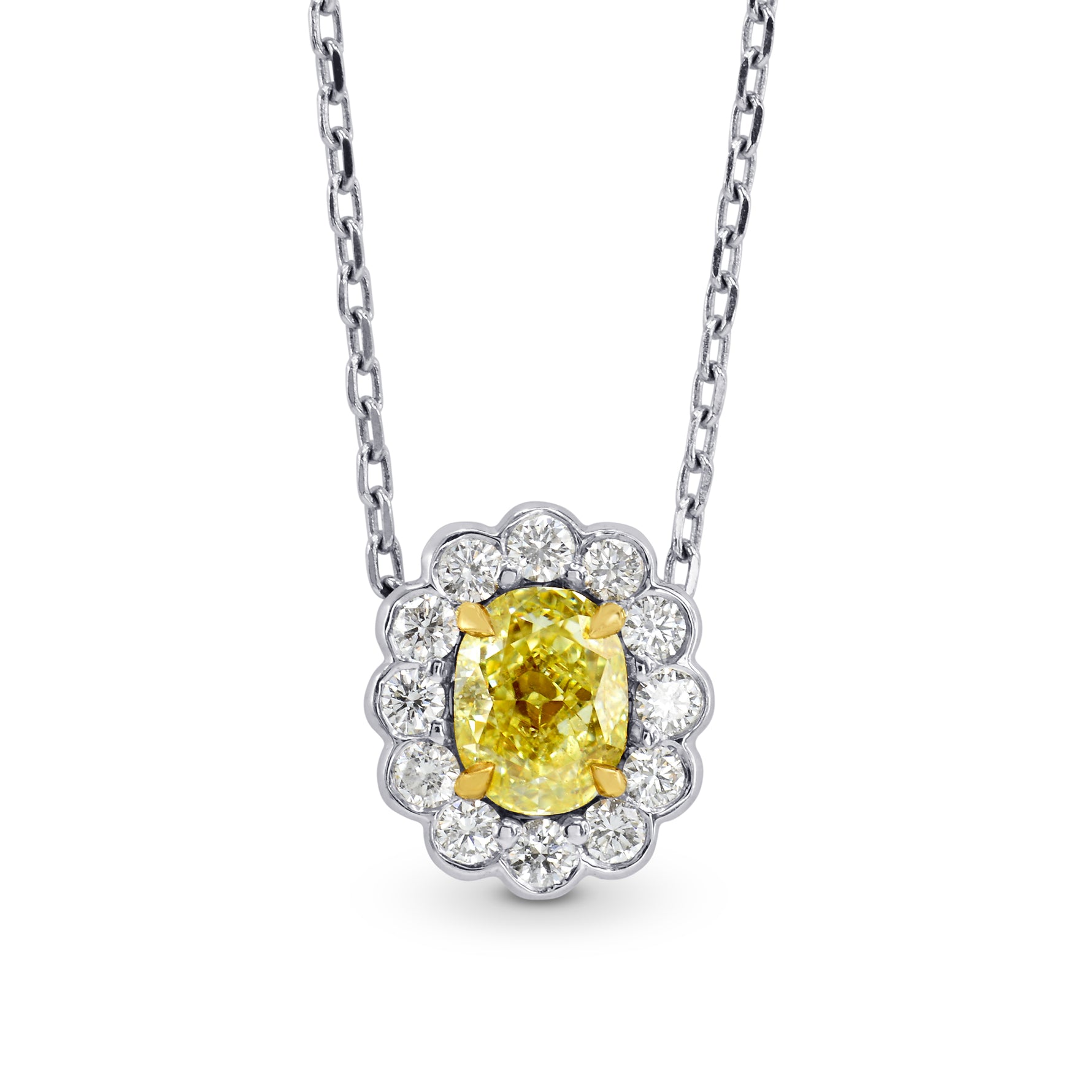 A Fancy Yellow diamond scallop halo pendant