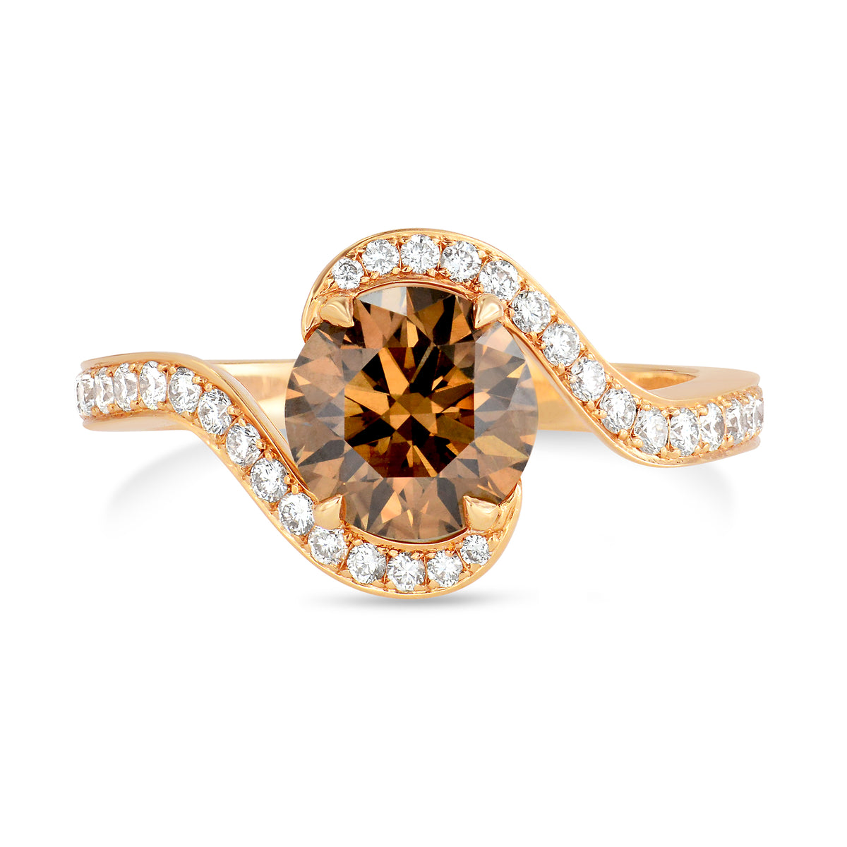 Fancy Brown Round Diamond Cross-over Engagement Ring