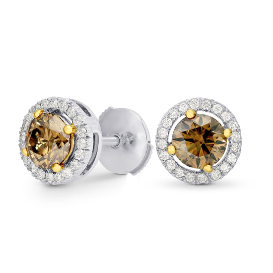Fancy Brown Round Diamond Floating Halo Earrings