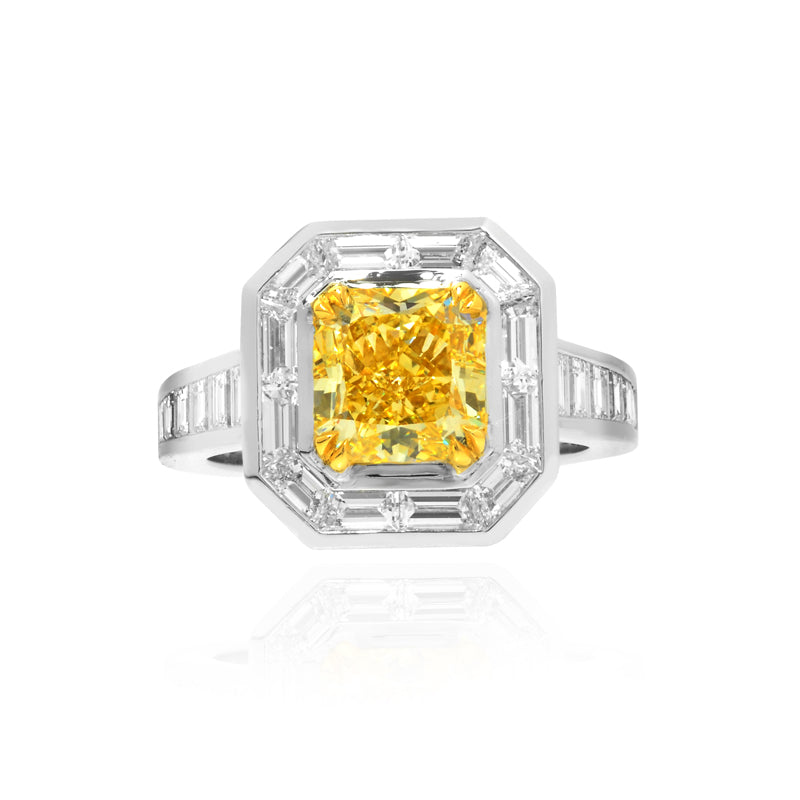 Fancy Intense Yellow Radiant Diamond & Baguette Halo Ring
