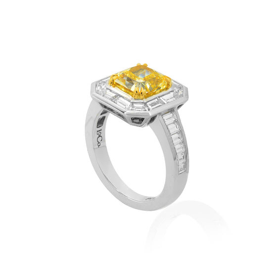 Fancy Intense Yellow Radiant Diamond & Baguette Halo Ring
