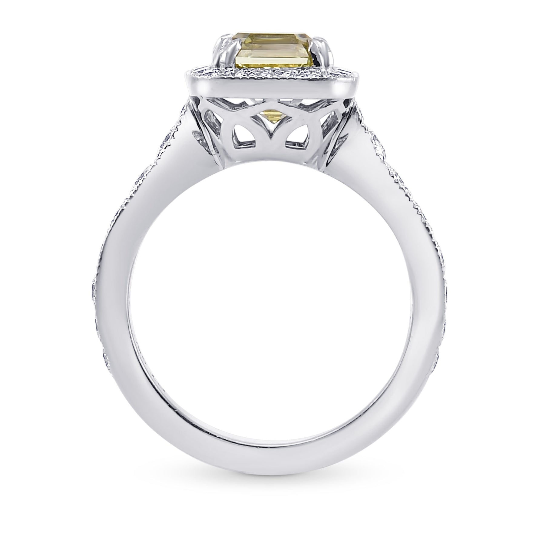 Fancy Grayish Greenish Yellow Emerald Shape Diamond Halo Ring